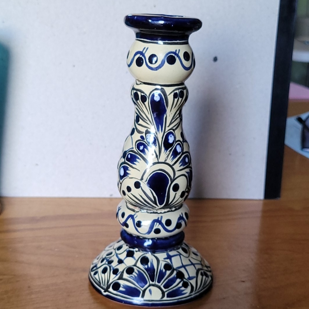 Candle Stick. Single. Hand painted Blue